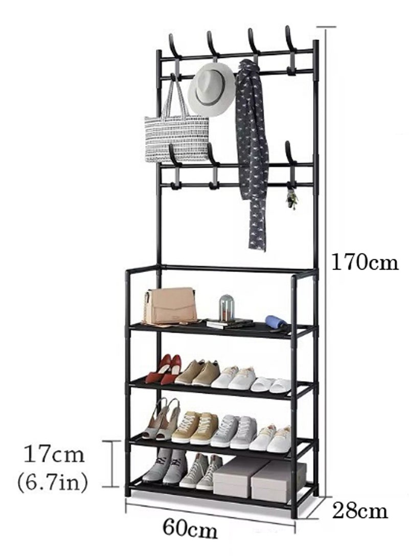 LINGWEI Multi-Functional Shoe Rack with Hanging Hooks - 60x170x28cm Sturdy Steel Pipe and Plastic Frame, Shoe Cabinet Storage Organizer  - Image 3