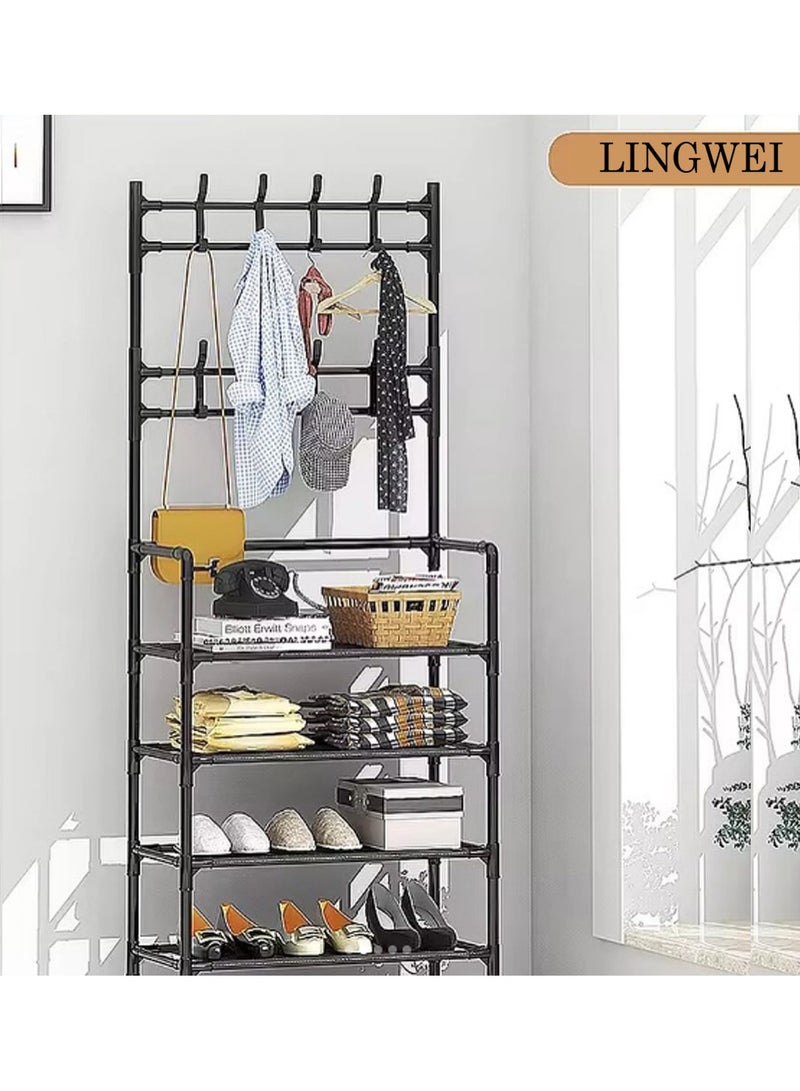 LINGWEI Multi-Functional Shoe Rack with Hanging Hooks - 60x170x28cm Sturdy Steel Pipe and Plastic Frame, Shoe Cabinet Storage Organizer  - Image 4