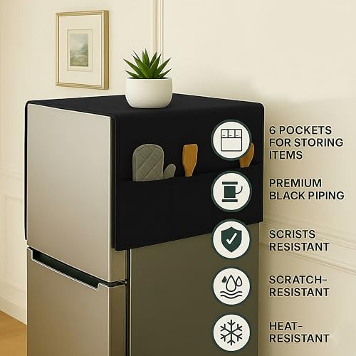 Fancy Walas Refrigerator Single Door Waterproof, Dustproof, Refrigerator Top Cover, Protective Cover for Fridges with Extra Storage Space Nylon Top cover with 6 Storage Pockets ( Black, 130 x 54 cm ) - Image 4