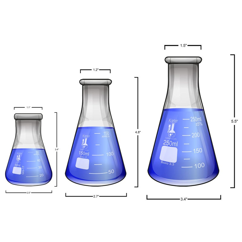 Karter Scientific Glass Erlenmeyer Flask Set - 3 Sizes - 50, 150 and 250ml, Karter Scientific - Image 4