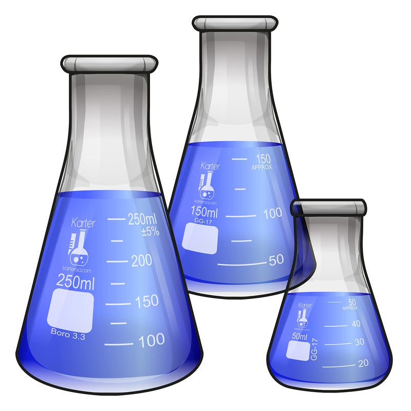 Karter Scientific Glass Erlenmeyer Flask Set - 3 Sizes - 50, 150 and 250ml, Karter Scientific - Image 1