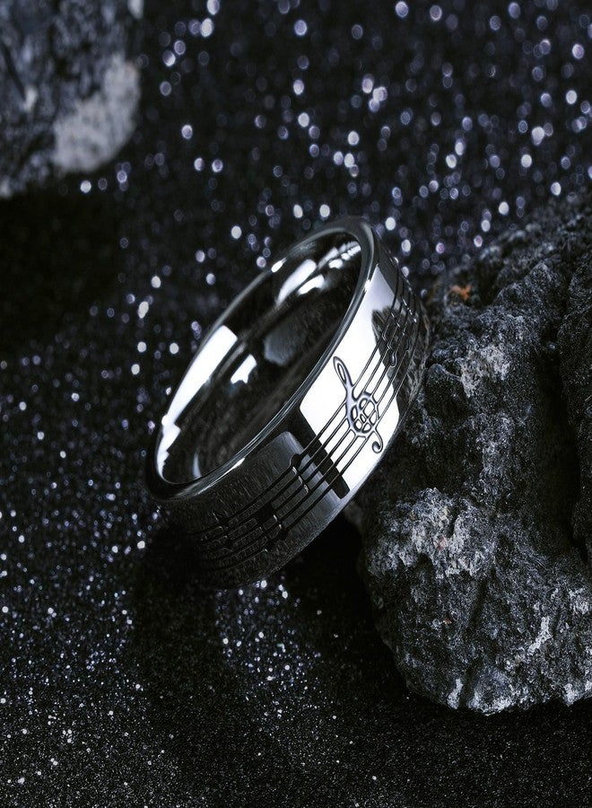 King Will Stainless Steel Wedding Band for Men, 8mm Men Wedding Ring Polished with Etched Music Staff Pattern, Black and Steel Wedding Band Comfort Fit for Everyday Wear with Size 12 - Image 2