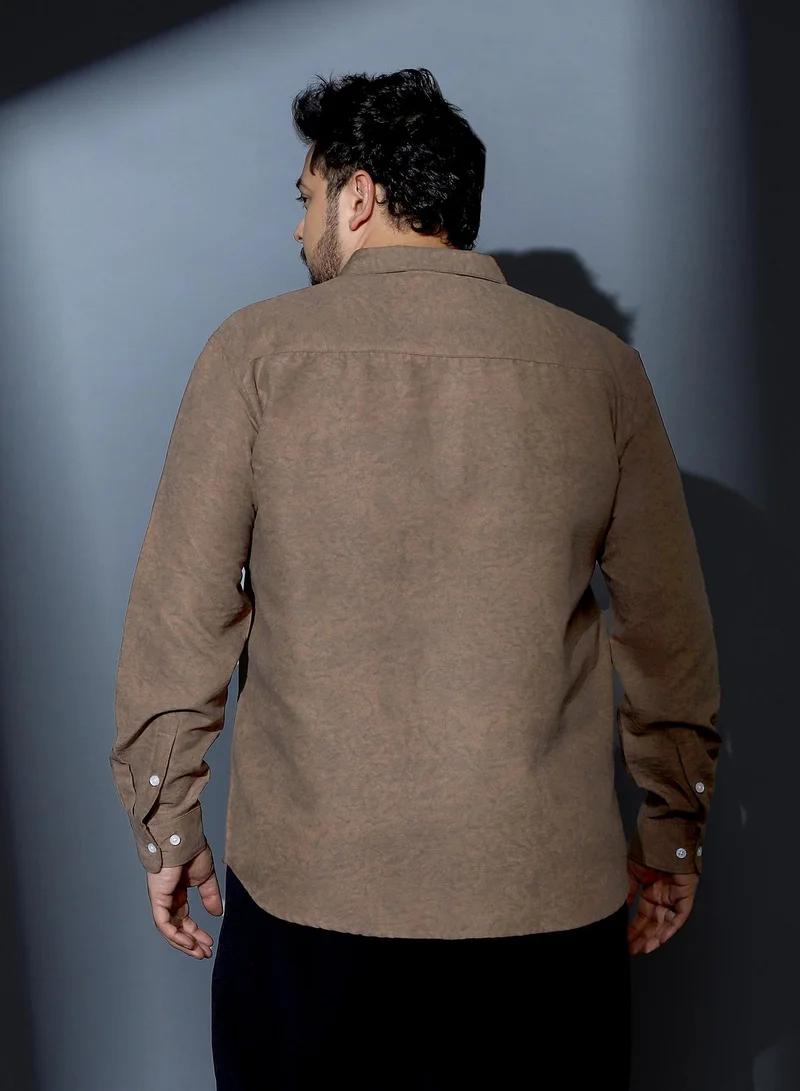 Instafab Plus Instafab Plus Men Mono-Fluid Imprint Shirt | Spread Collar , Long Cuffed Sleeve | Button Closure , Curved Hem | Abstract Print Woven Fabric For Casual & Daily Wear | Ash Brown