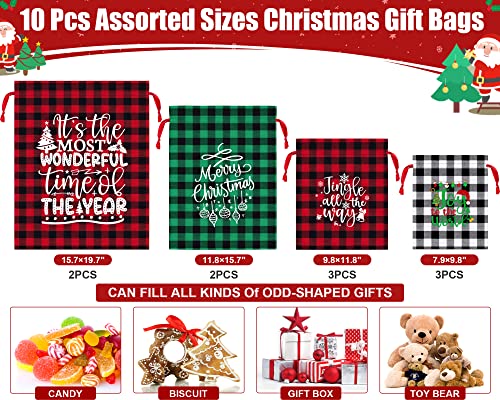 FLOE 10 PCS Christmas Drawstring Gift Bags with Tags Buffalo Plaid Xmas Gift Bags Assorted Sizes Bulk Cotton Fabric Holiday Gift Bag Large Medium Small Wrapping Bag for Xmas Presents Decor Party Favors - Image 3