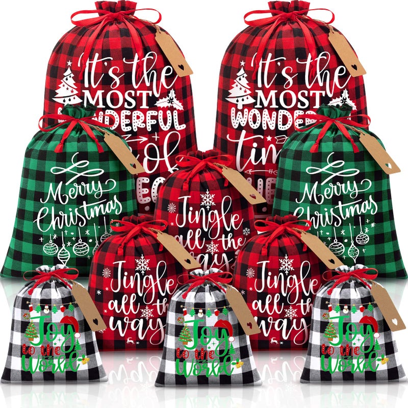 FLOE 10 PCS Christmas Drawstring Gift Bags with Tags Buffalo Plaid Xmas Gift Bags Assorted Sizes Bulk Cotton Fabric Holiday Gift Bag Large Medium Small Wrapping Bag for Xmas Presents Decor Party Favors - Image 2