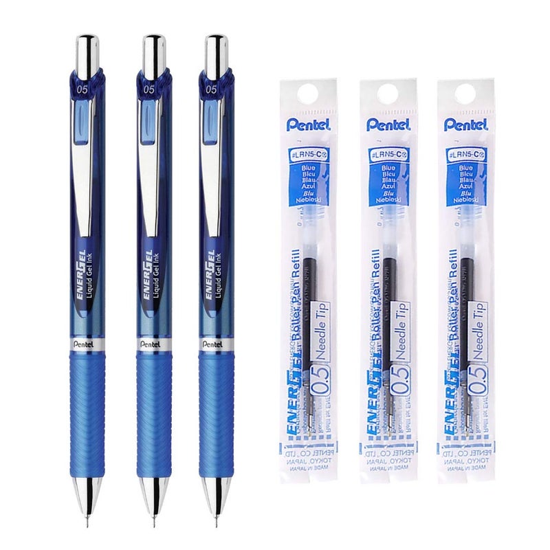 Pentel EnerGel Retractable Liquid Gel Pen, 0.5mm, Blue Ink, Blue Body, 3 Pens & 3 Ink Refills - Image 5