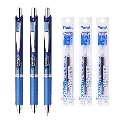 Pentel EnerGel Retractable Liquid Gel Pen, 0.5mm, Blue Ink, Blue Body, 3 Pens & 3 Ink Refills - Image 1