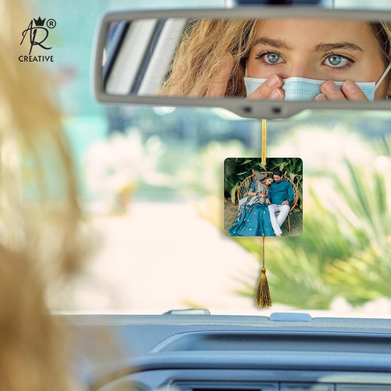 AR Creative Personalized Photo & Message Printed Car Rear Mirror Hanging - Car Hanging for Decoration, MDF Wooden Art, Car Accessories, Wood Hanger (3 inch x 3 inch) CHB00116. - Image 3