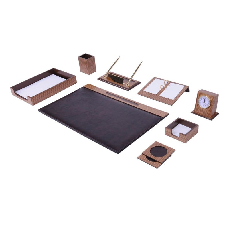 MOOGCO Wooden Desk Set Desk Organizer Set 11 Accessories Desk Office Organizer Document Tray Office Desk Accessories Desk Pad Desktop Storage 11 PCS Brown - Image 2