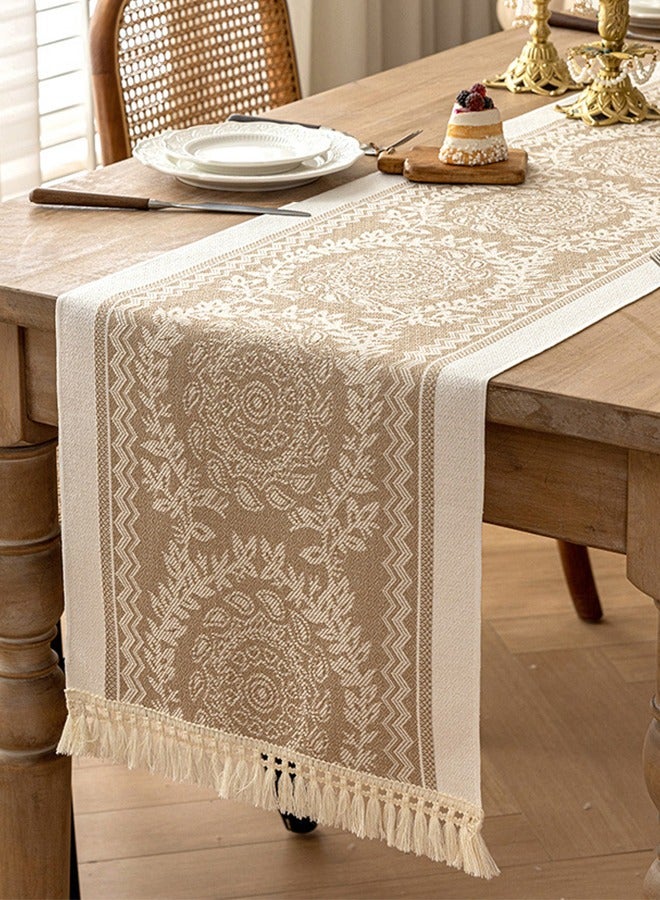 Cynthia 72 Inch Waterproof Cotton Linen Brown Table Runner Linen With Tassel Nordic Style Simple Garland Pattern Suitable for Wedding, Bridal Shower Party, Family Party, Kitchen, Table Decoration  - Image 1
