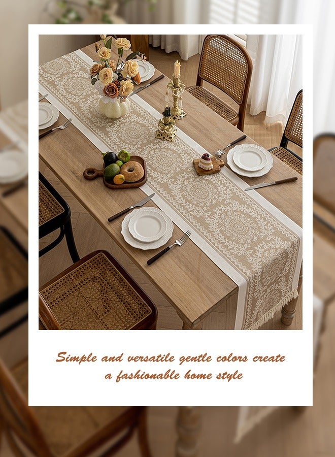 Cynthia 72 Inch Waterproof Cotton Linen Brown Table Runner Linen With Tassel Nordic Style Simple Garland Pattern Suitable for Wedding, Bridal Shower Party, Family Party, Kitchen, Table Decoration  - Image 5