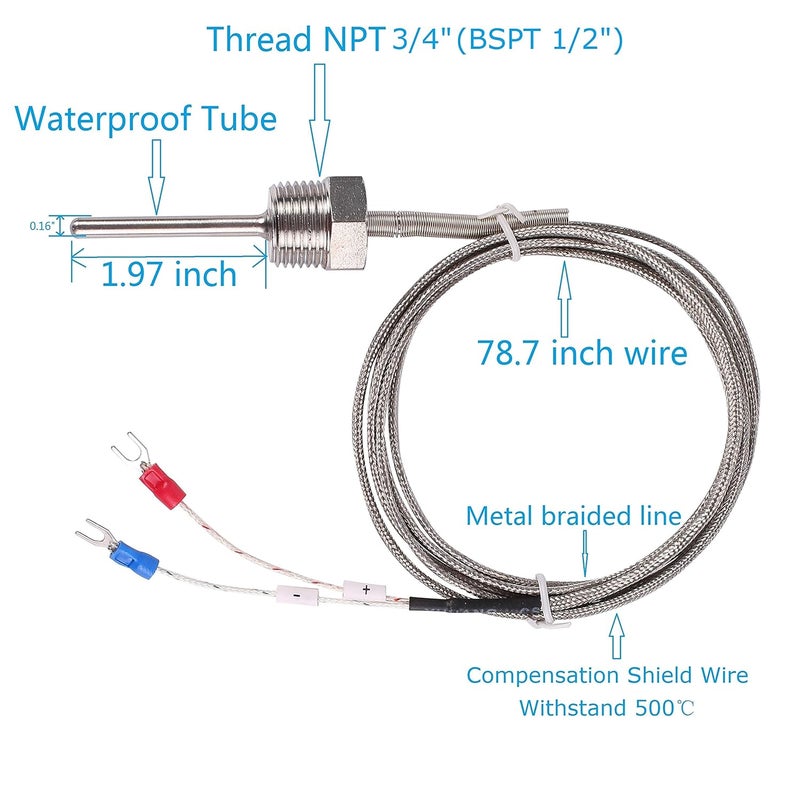 Jaybva Waterproof K Type Thermocouple - Grounded Temperature Sensor Probe for PID Temperature Controller Two Wire Stainless Steel NPT 1/2" inch Pipe Thread 0~500℃ with 2m Shield Wire - Image 3