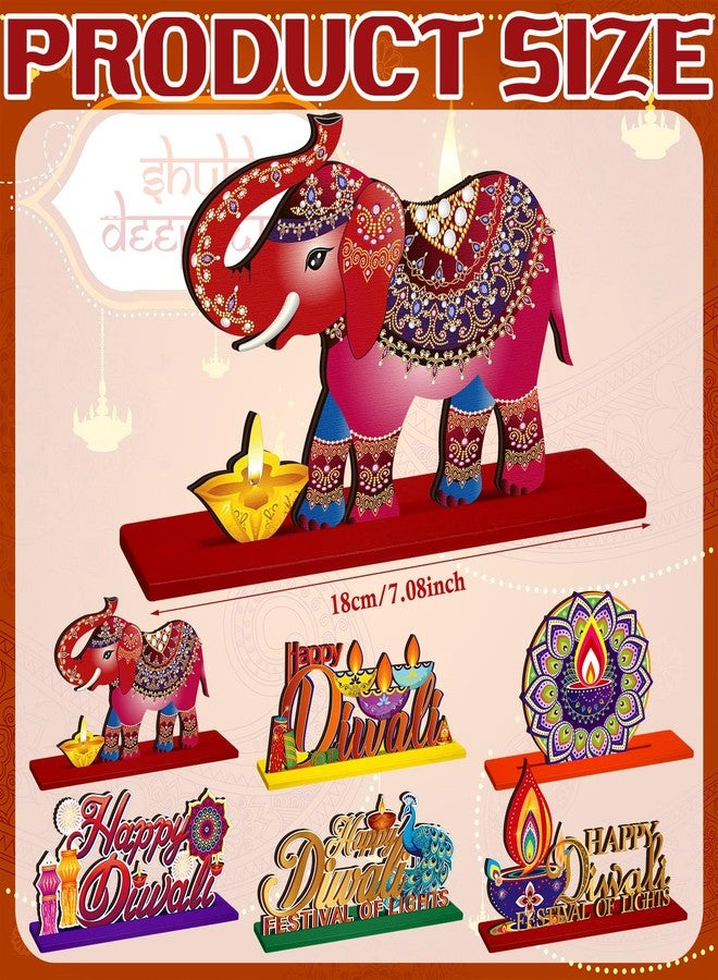 DoubleFill مجموعة دبل فيل من 6 قطع لتزيين طاولة ديوالي، زينة ديوالي سعيدة، شموع ديبافالي، مصابيح زيتية، قطع مركزية خشبية للطاولة، لافتة مهرجان الأنوار في الهند، لوازم حفلات ديوالي، ديكور منزلي - Image 2