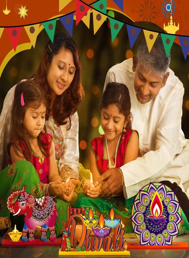 DoubleFill مجموعة دبل فيل من 6 قطع لتزيين طاولة ديوالي، زينة ديوالي سعيدة، شموع ديبافالي، مصابيح زيتية، قطع مركزية خشبية للطاولة، لافتة مهرجان الأنوار في الهند، لوازم حفلات ديوالي، ديكور منزلي - Image 5