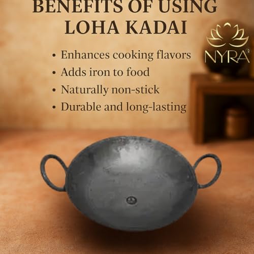 NYRA® Natural Traditional Black Iron Kadhai for Cooking Handmade Heavy Base Loha Kadai Lokhand/Lokhandi with Handle (Medium - 1.5 LTR) - Image 3