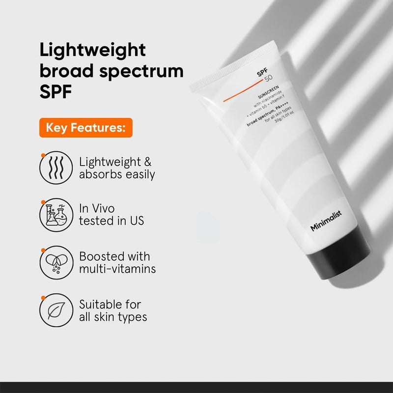 Minimalist Sunscreen SPF 50 PA Clinically Tested in US InVivo Lightweight with MultiVitamins No White Cast Broad Spectrum For Women Men 30g Pack of 1 - Image 2