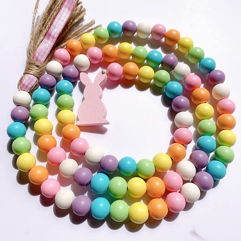 Easter wooden bead garland with jute tassel and rabbit label, spring decoration, colorful iron wooden bead, rustic prayer bead for stepped tray - Image 1