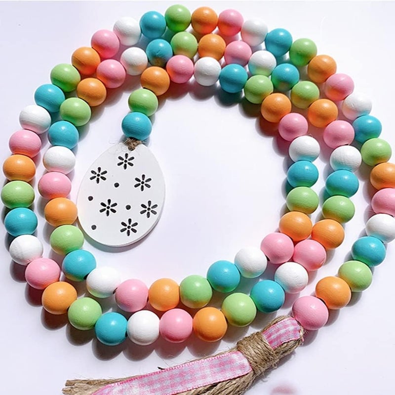 Easter wooden bead garland with jute tassel and rabbit label, spring decoration, colorful iron wooden bead, rustic prayer bead for stepped tray - Image 3