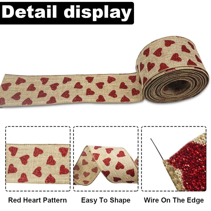 Threetols Valentine's Day Red Glitter Heart Fabric Wired Ribbon, 2.5" 10 Yards Natural Ribbons Wedding Red Glitter Ribbons Heart Wired Edge Wrapping Ribbon for Gift Wrapping Tree Bows Wreath DIY Crafts - Image 3