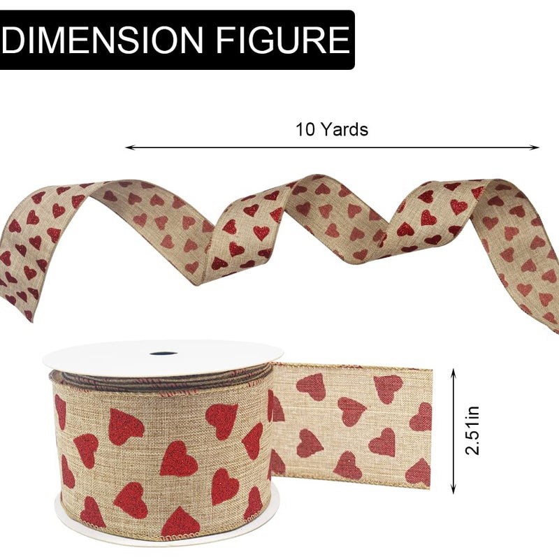 Threetols Valentine's Day Red Glitter Heart Fabric Wired Ribbon, 2.5" 10 Yards Natural Ribbons Wedding Red Glitter Ribbons Heart Wired Edge Wrapping Ribbon for Gift Wrapping Tree Bows Wreath DIY Crafts - Image 2