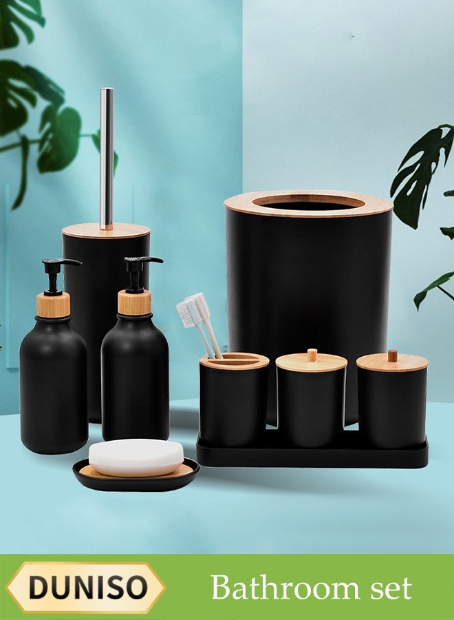 DUNISO 9 Pieces of Bathroom Accessories Set, Household Toiletries Set, Bathroom Storage Set,Sturdy and Durable， with Hand Sanitizer Bottle, Toothbrush Cup, Mouthwash Cup, Soap Box, Toilet Brush, Trash Can,Tray，Cotton Swab Box,Suitable for Family and Travel Use  - Image 1