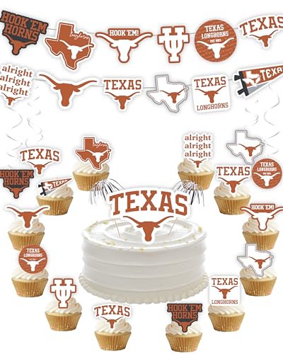 PartyKandy University of Texas Party Supplies for Football Birthday Gift Graduation Party Banner and Cake Toppers 42 Pieces Texas Longhorns - Image 1
