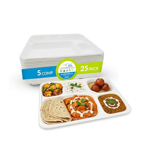 EATONS | 5 Compartment Bagasse Meal Tray | 11 Inch - Pack of 25 | Disposable Plates Big Size | Compostable Sugarcane Paper Plates | Ideal for Cafeterias & Parties | White & Sturdy - Image 1