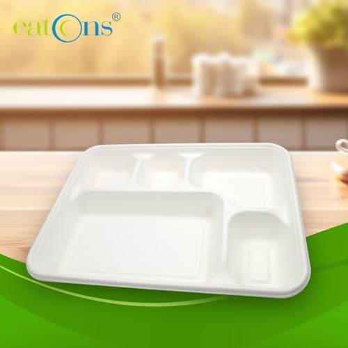 EATONS | 5 Compartment Bagasse Meal Tray | 11 Inch - Pack of 25 | Disposable Plates Big Size | Compostable Sugarcane Paper Plates | Ideal for Cafeterias & Parties | White & Sturdy - Image 5