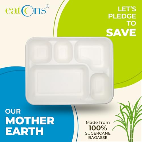 EATONS | 5 Compartment Bagasse Meal Tray | 11 Inch - Pack of 25 | Disposable Plates Big Size | Compostable Sugarcane Paper Plates | Ideal for Cafeterias & Parties | White & Sturdy - Image 2
