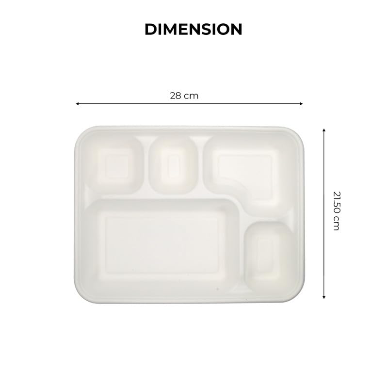 EATONS | 5 Compartment Bagasse Meal Tray | 11 Inch - Pack of 25 | Disposable Plates Big Size | Compostable Sugarcane Paper Plates | Ideal for Cafeterias & Parties | White & Sturdy - Image 3