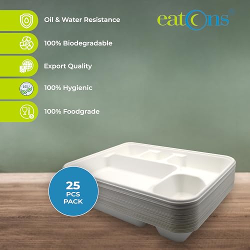 EATONS | 5 Compartment Bagasse Meal Tray | 11 Inch - Pack of 25 | Disposable Plates Big Size | Compostable Sugarcane Paper Plates | Ideal for Cafeterias & Parties | White & Sturdy - Image 4