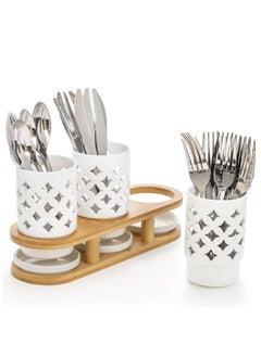 Arabest 3 Pieces Ceramic Silverware Holder With Bamboo Base, Cutlery Storage Organizer for Forks, Spoons and Knives, Utensil With Drain Holes for Kitchen, Cabinet Or Pantry  - Image 5