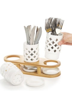 Arabest 3 Pieces Ceramic Silverware Holder With Bamboo Base, Cutlery Storage Organizer for Forks, Spoons and Knives, Utensil With Drain Holes for Kitchen, Cabinet Or Pantry  - Image 3