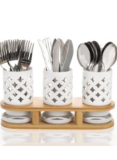 Arabest 3 Pieces Ceramic Silverware Holder With Bamboo Base, Cutlery Storage Organizer for Forks, Spoons and Knives, Utensil With Drain Holes for Kitchen, Cabinet Or Pantry  - Image 1