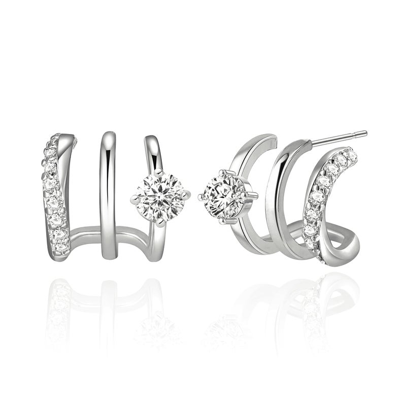 IMBOS 14K Silver Plated Illusion Stud Earrings Silver Hoop Earrings for Women Trendy CZ Segment Unique Triple Hoop Hypoallergenic Earring for Women Cute Jewelry Gift - Image 1