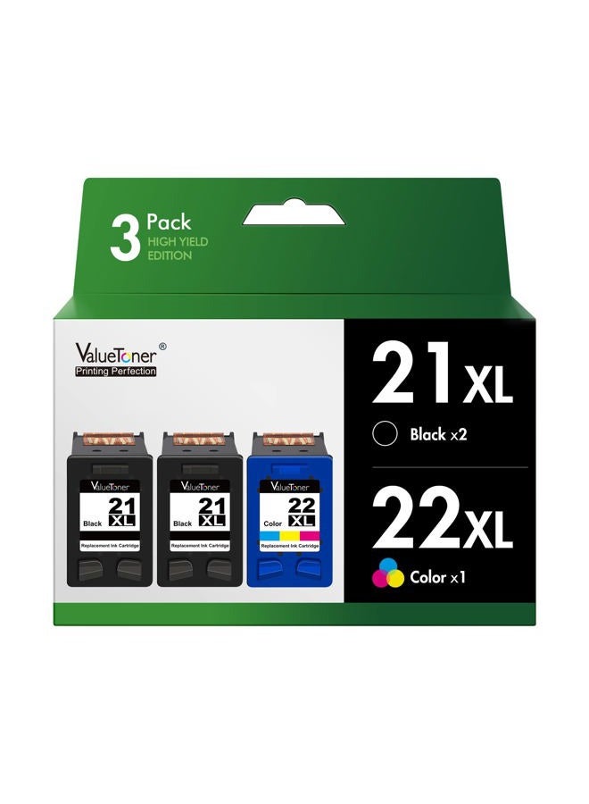 Valuetoner خراطيش حبر معاد تصنيعها بديل لـ HP 21 C9351AN و 22 C9352AN لطابعات DESKJET F4180 F2210 D1560 و OFFICEJET 4315 J3640 و FAX 3180 و PSC 1401 (2 أسود، 1 ثلاثي الألوان، 3 عبوات) - Image 1