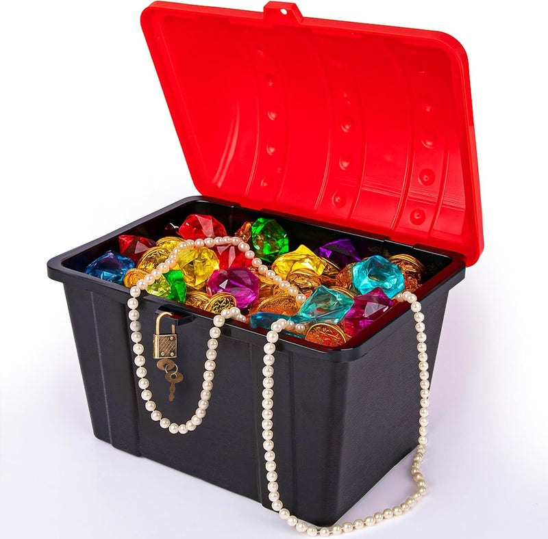 Art Creativity Treasure Chest Box for Kids - Black Wood Grain Texture with Red Cover and Functional Metal Lock and Keys, 9.25" x 7.5" x 7" - Plastic Treasure Box Chest for Classroom Kids Prizes Storage - Image 1