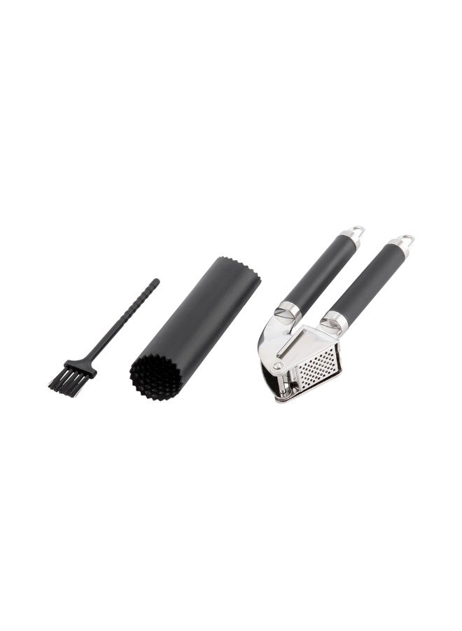 Restaurantware مكبس ثوم مت لوكس 7.6 بوصة × 2.5 بوصة × 1.3 بوصة، مع فرشاة تنظيف سهلة، مجموعة مكبس وقشر الثوم - 3 قطع، قشر سيليكون، أداة ثوم مفروم من الفولاذ المقاوم للصدأ الأسود - Image 1