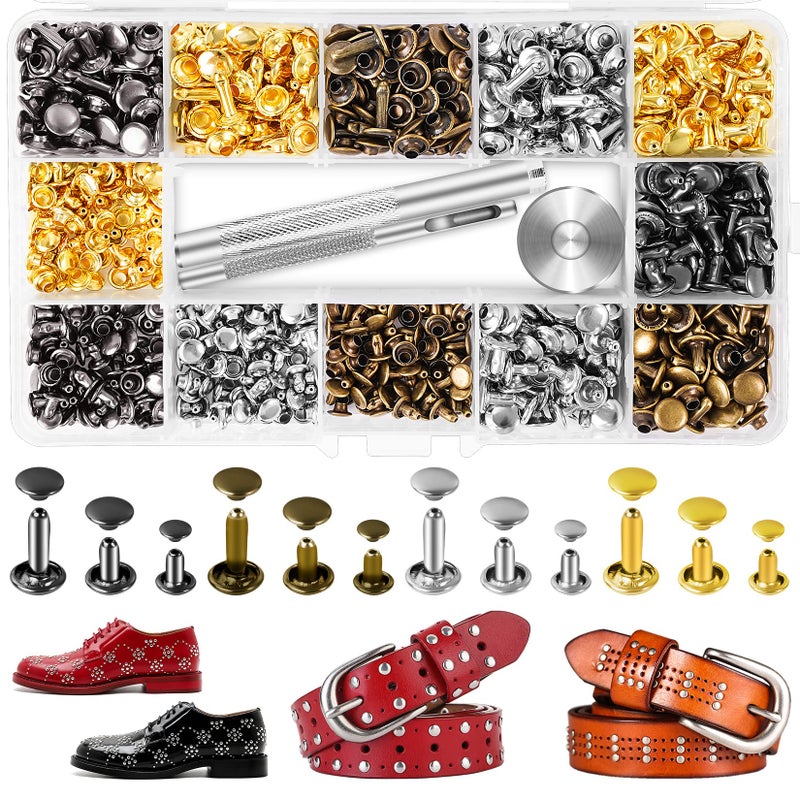 Jetmore 240 Sets Leather Rivets Kit, Double Cap Brass Rivets Leather Studs with 3PCS Setting Tools for Leather Repair and Crafts, 4 Colors and 3 Sizes - Image 1
