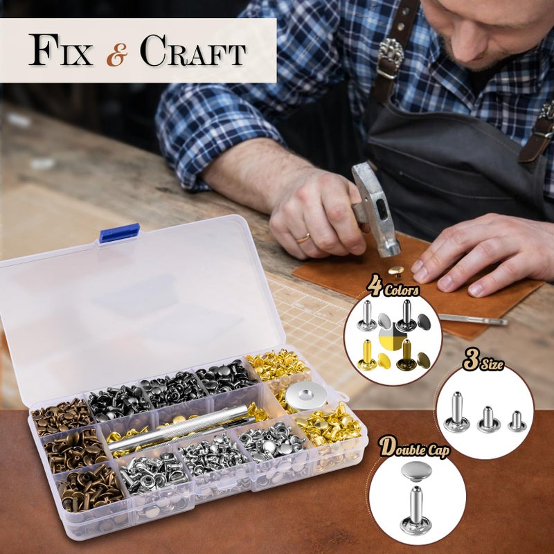 Jetmore 240 Sets Leather Rivets Kit, Double Cap Brass Rivets Leather Studs with 3PCS Setting Tools for Leather Repair and Crafts, 4 Colors and 3 Sizes - Image 3