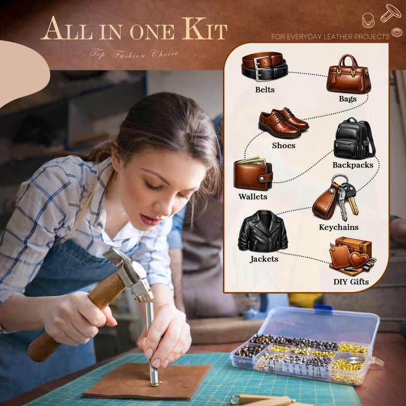 Jetmore 240 Sets Leather Rivets Kit, Double Cap Brass Rivets Leather Studs with 3PCS Setting Tools for Leather Repair and Crafts, 4 Colors and 3 Sizes - Image 2