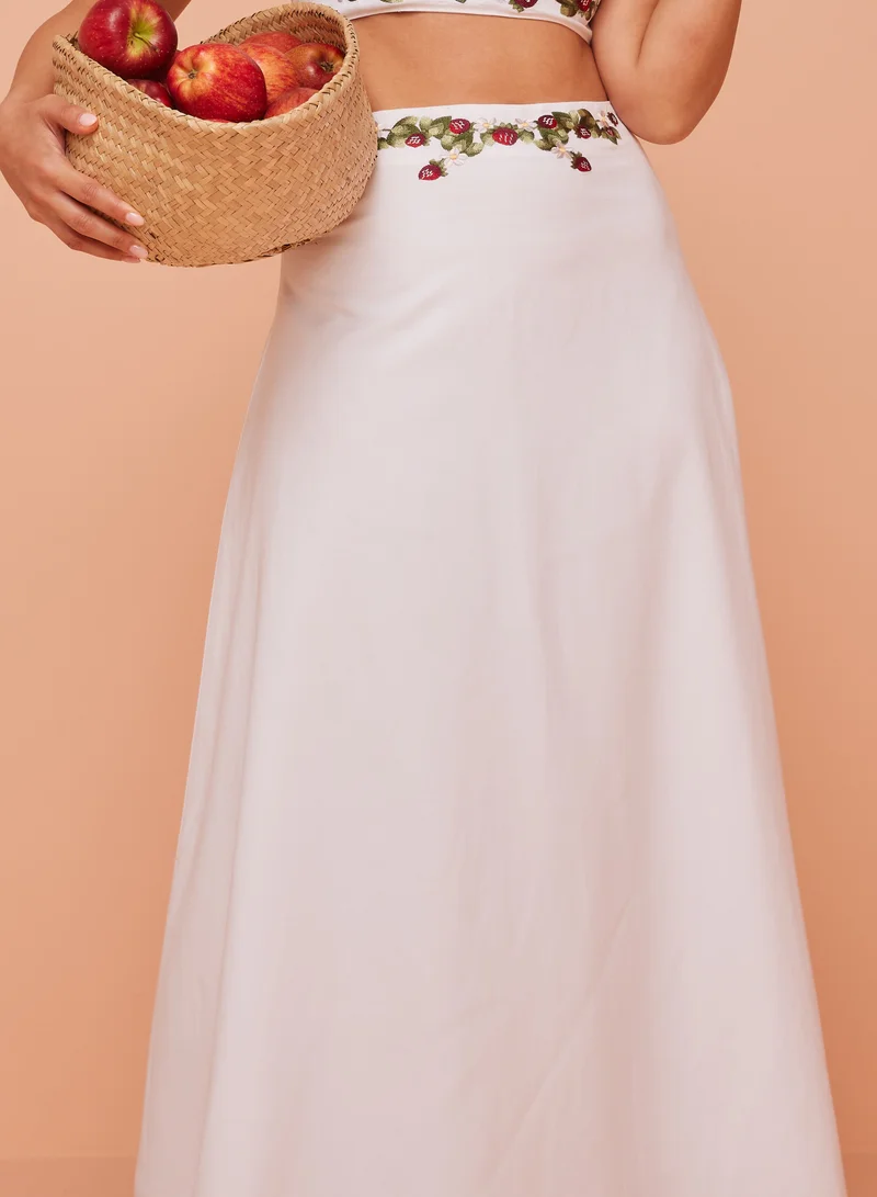 أشيتا فرنانديز White Maxi Slip Skirt with Simple Floral Design | Ankle-Length, Natural Waist Fit | 100% Linen Blend