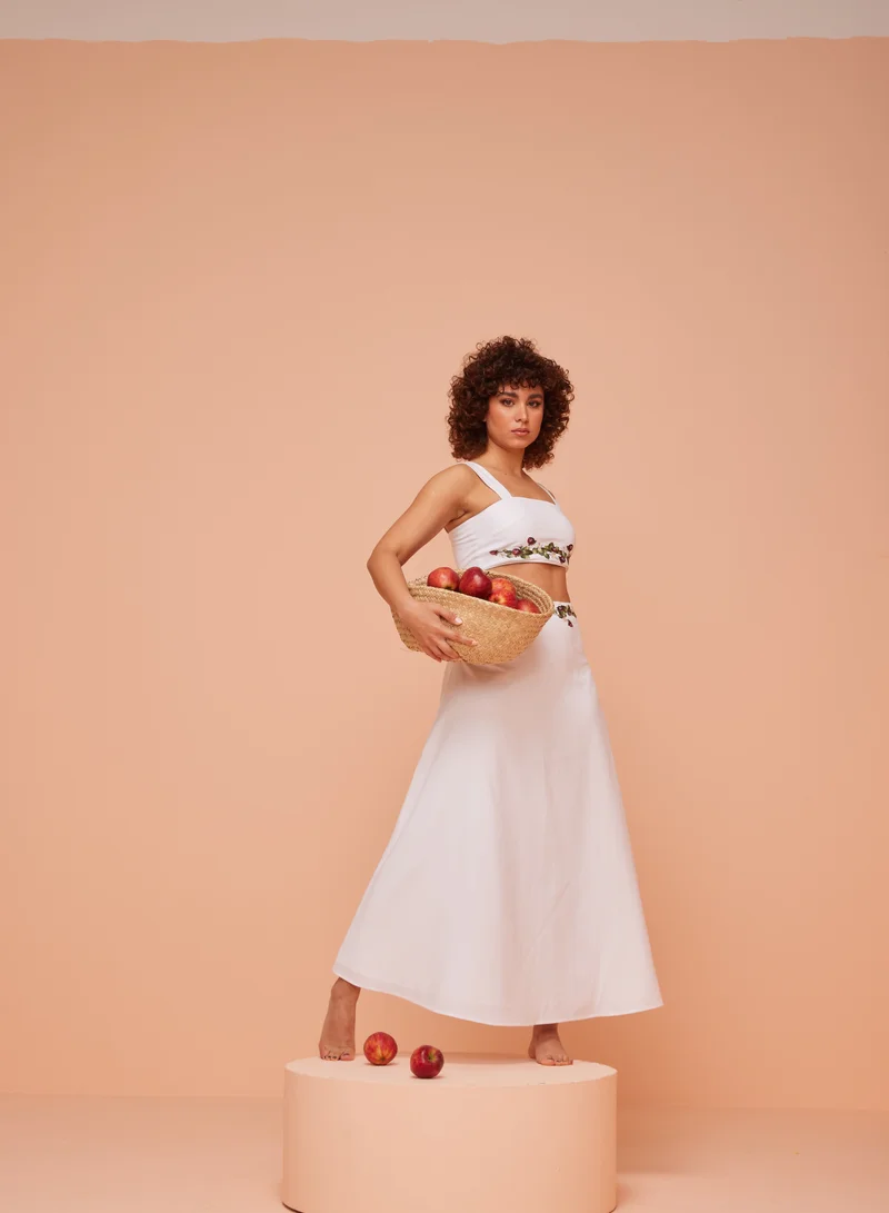 أشيتا فرنانديز White Maxi Slip Skirt with Simple Floral Design | Ankle-Length, Natural Waist Fit | 100% Linen Blend