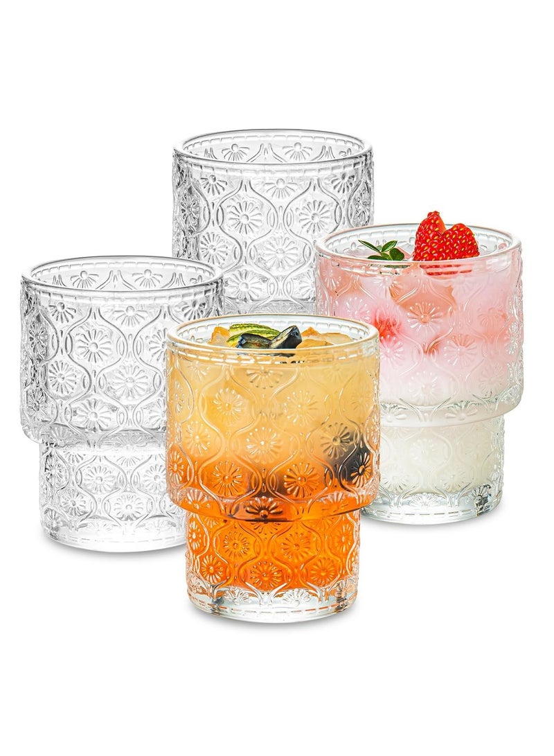 SYOSI Vintage Glassware Drinking Glasses Set, 4 Pcs Small Glass Cups, Embossed Stackable Pattern Style Cups, Vintage Glassware, Ice Coffee Cup Juice Drinkware, 350 ml - Image 1