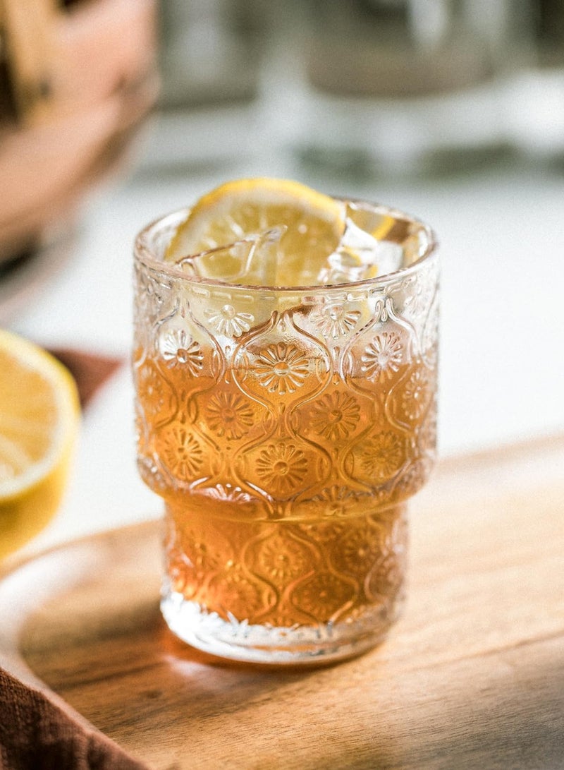 SYOSI Vintage Glassware Drinking Glasses Set, 4 Pcs Small Glass Cups, Embossed Stackable Pattern Style Cups, Vintage Glassware, Ice Coffee Cup Juice Drinkware, 350 ml - Image 3