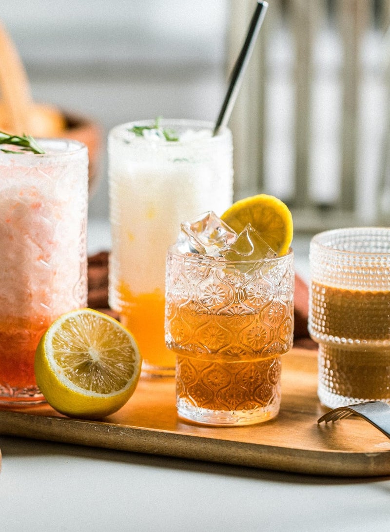 SYOSI Vintage Glassware Drinking Glasses Set, 4 Pcs Small Glass Cups, Embossed Stackable Pattern Style Cups, Vintage Glassware, Ice Coffee Cup Juice Drinkware, 350 ml - Image 5