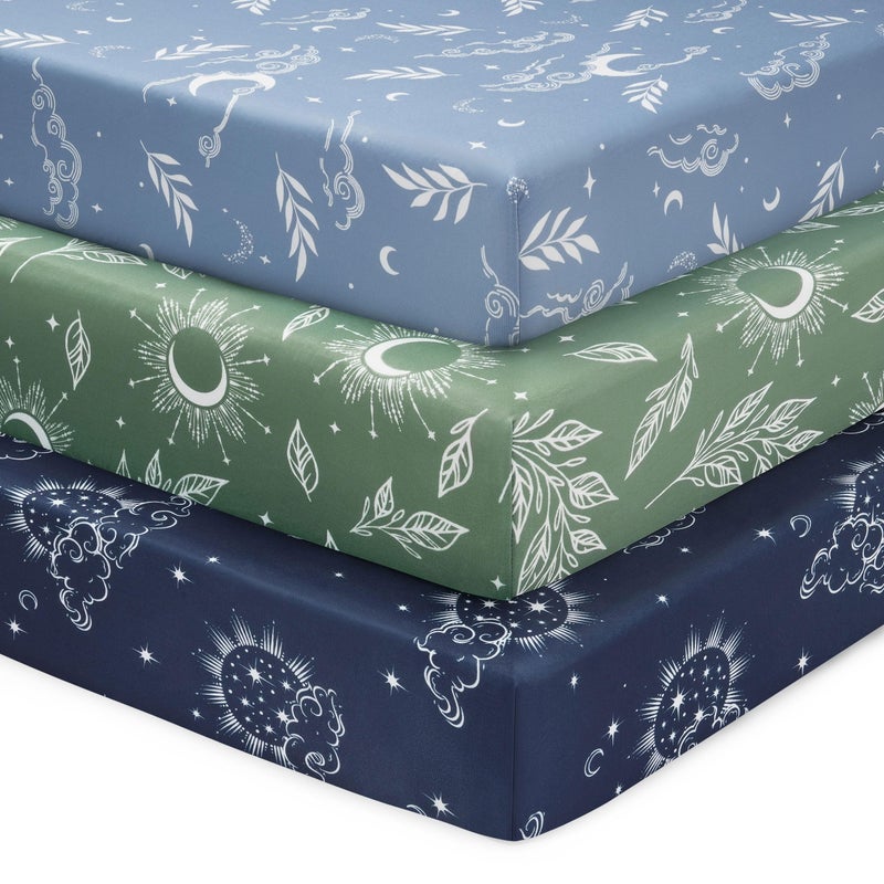FIEMOL Baby Crib Sheets for Boys and Girls, 3 Pack Fitted Toddler Bed Sheets Neutral for 52â€x28â€ Standard Crib and Toddler Mattresses, Super Soft Microfiber Green Starry Sky - Image 1