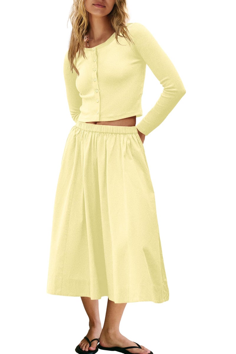 Panadila Womens 2 Piece Lounge Sets Matching Vacation Outfits Ribbed Button Down Cardigan and Elastic Waist Skirt Sets (Light Yellow,S) - Image 1