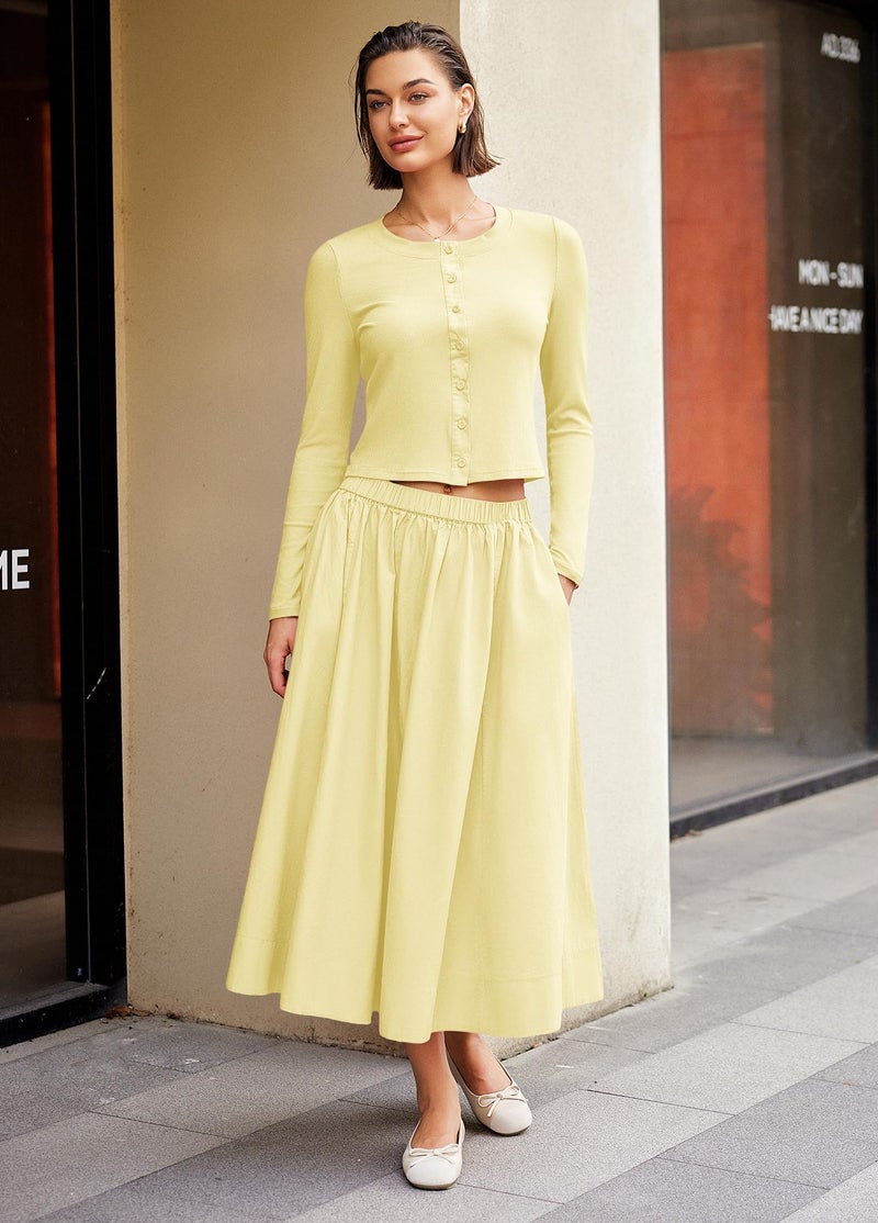 Panadila Womens 2 Piece Lounge Sets Matching Vacation Outfits Ribbed Button Down Cardigan and Elastic Waist Skirt Sets (Light Yellow,S) - Image 5