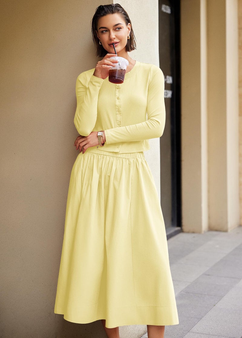 Panadila Womens 2 Piece Lounge Sets Matching Vacation Outfits Ribbed Button Down Cardigan and Elastic Waist Skirt Sets (Light Yellow,S) - Image 3